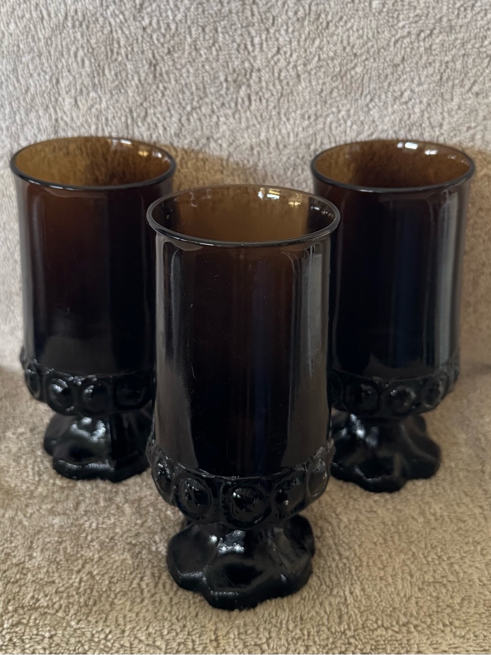 Three Vintage Tiffin Franciscan Madeira Smoke Brown Footed Goblets Glasses